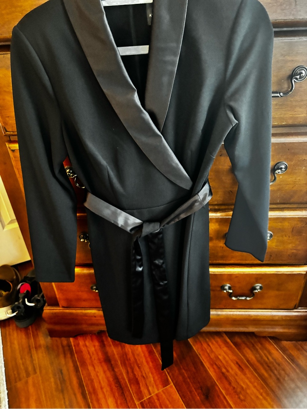 Adrianna Papell Black Satin-Trim Wrap tuxedo dress